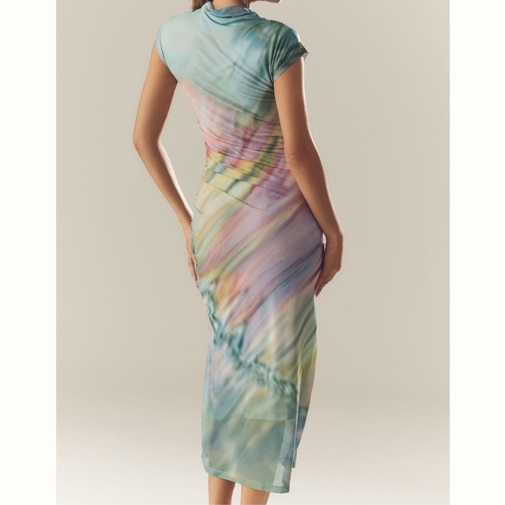NEW Anthropologie Maya Ruched Cowl-Neck Dress Mesh Rainbow Watercolor Large - Picture 3 of 10